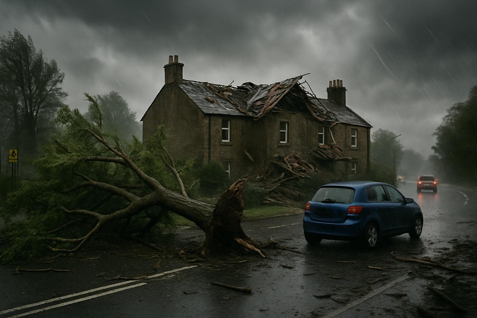 Storm damage in Scotland with fallen trees and damaged roofs
