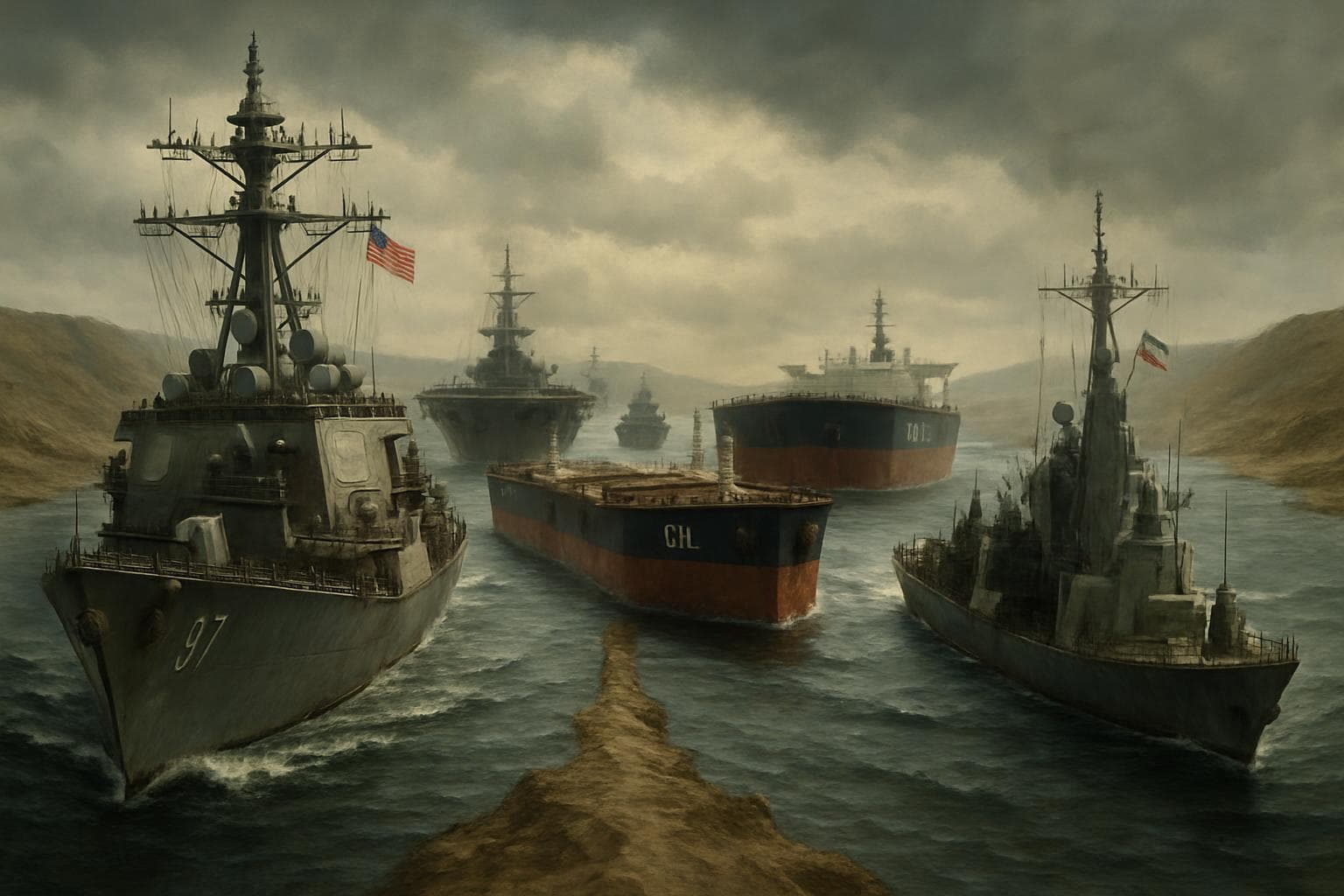 Military ships and stalled oil tankers in the Strait of Hormuz