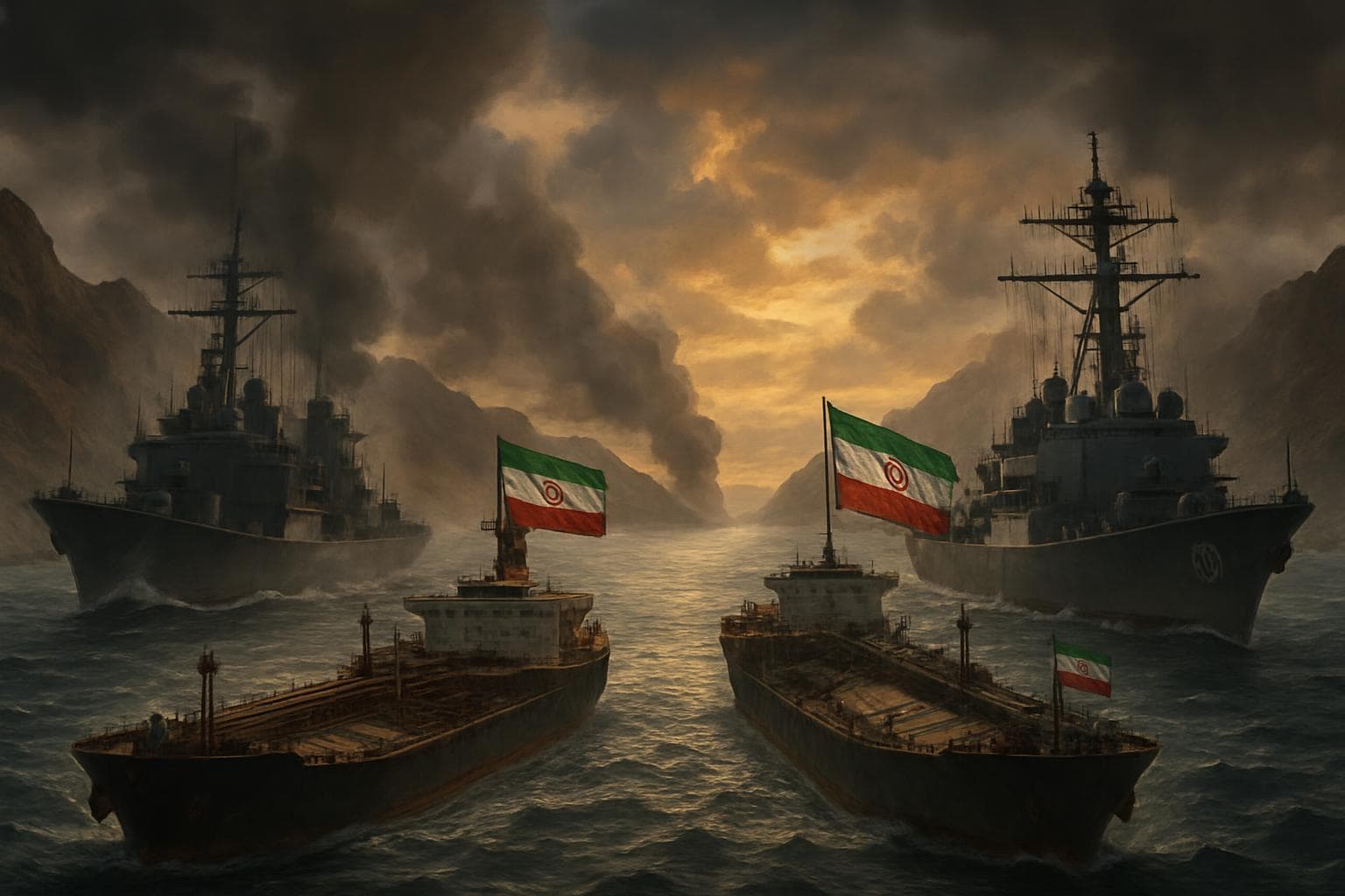 Military ships and oil tankers in the Strait of Hormuz