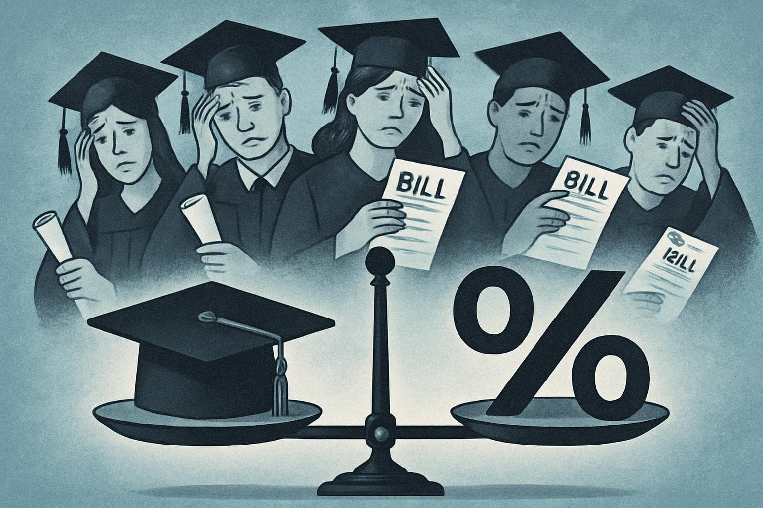 Balanced scale with student cap and percentage signs