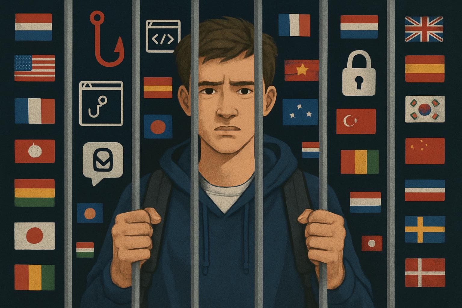 Young student behind bars with digital symbols and flags