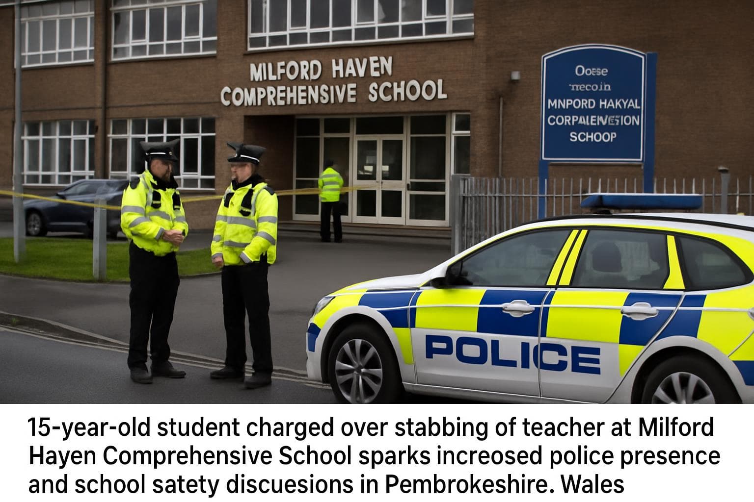 Milford Haven Comprehensive School with police presence