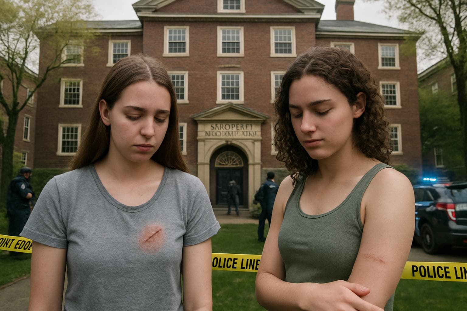 Two students stand in front of Brown University campus.