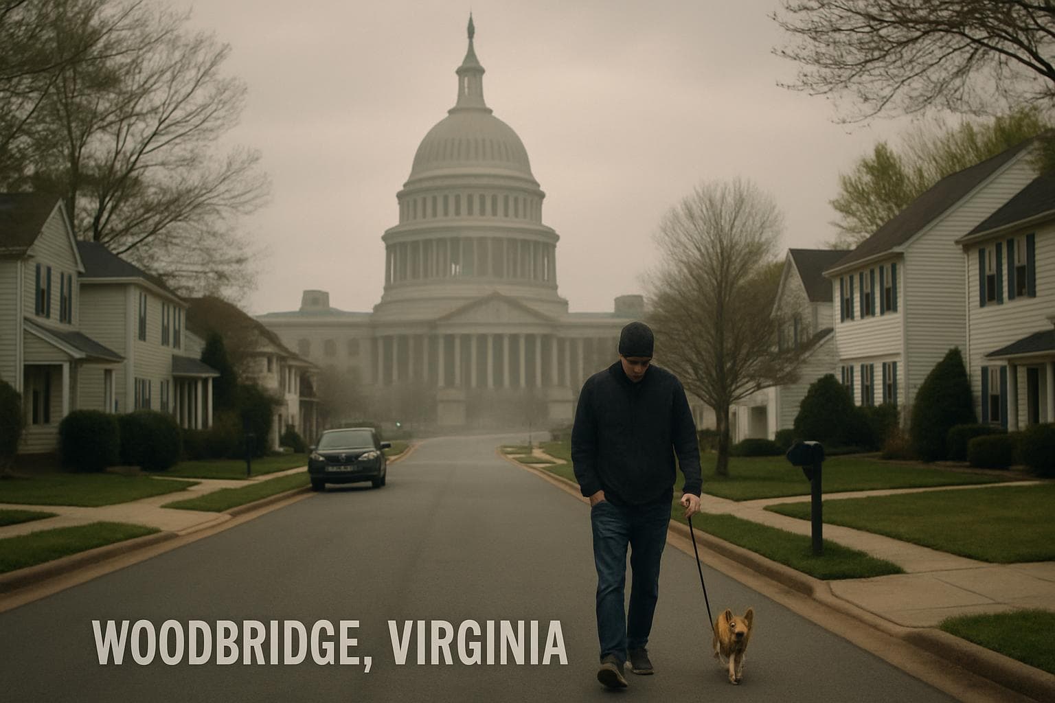 Man walking Chihuahua on a suburban street with Capitol shadow