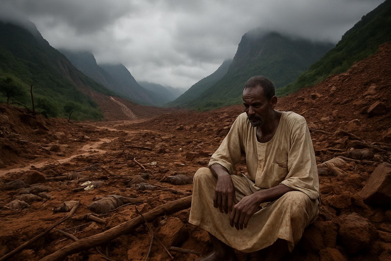Landslide aftermath in Sudan's Marra Mountains with one survivor