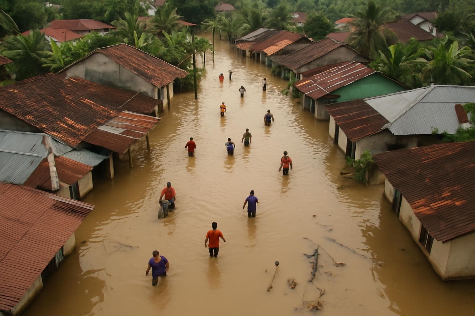 Aerial view of submerged homes and people in floodwaters in Sumatra