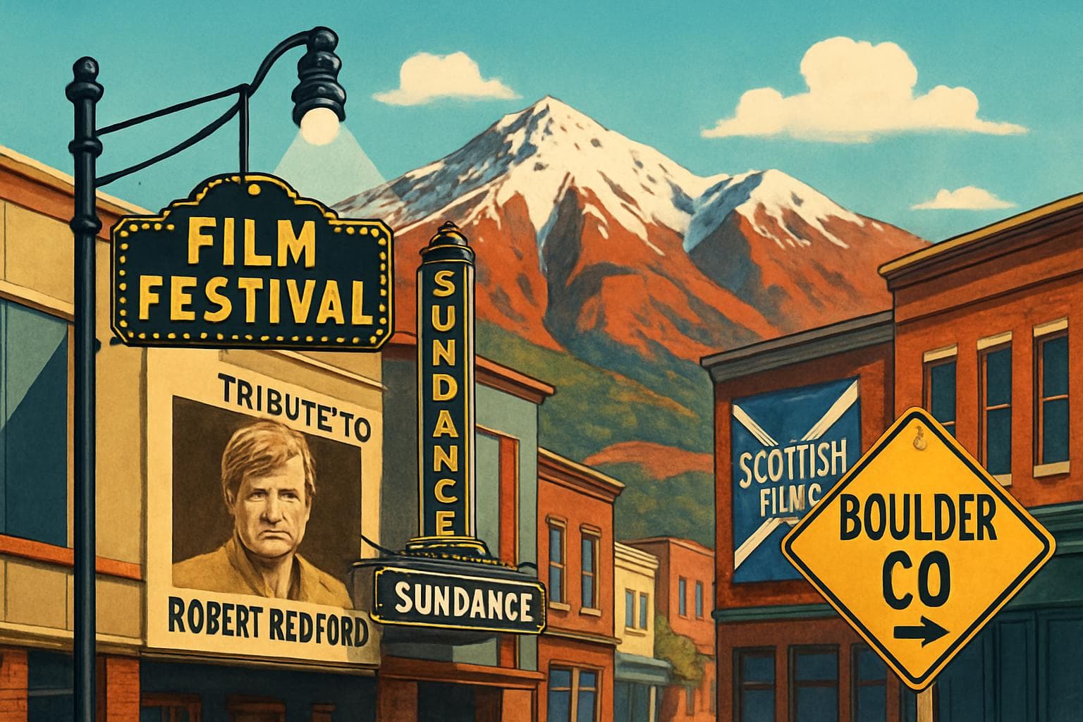 Film festival scene with Utah mountains and tribute to Robert Redford
