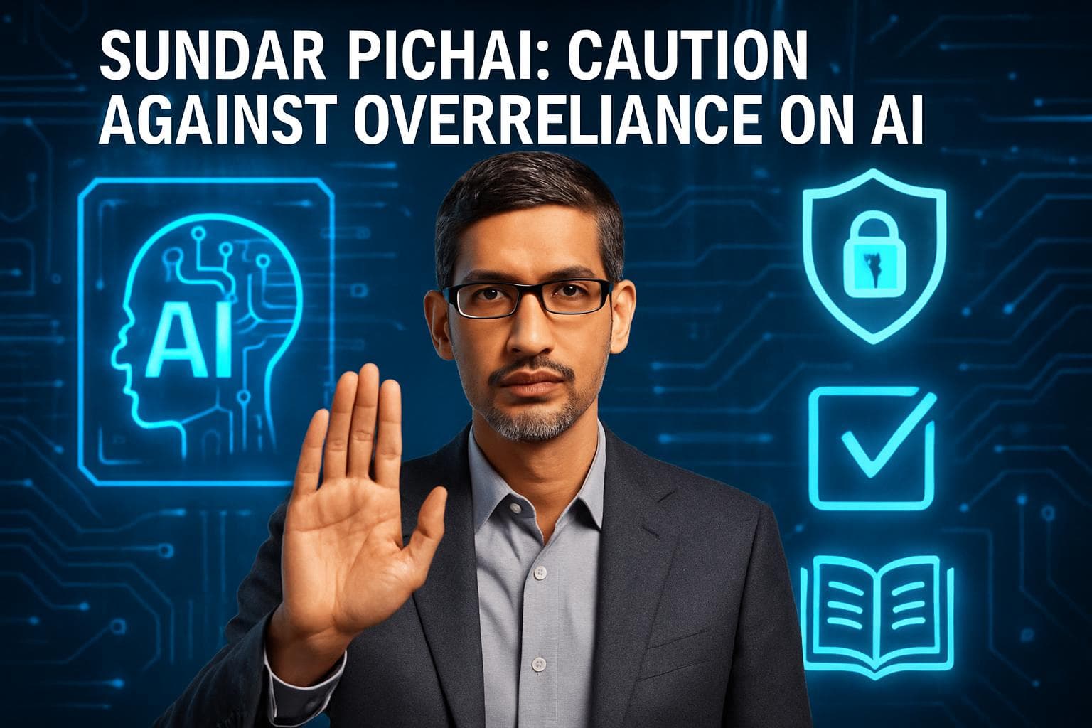 Sundar Pichai speaking about AI with digital tools backdrop