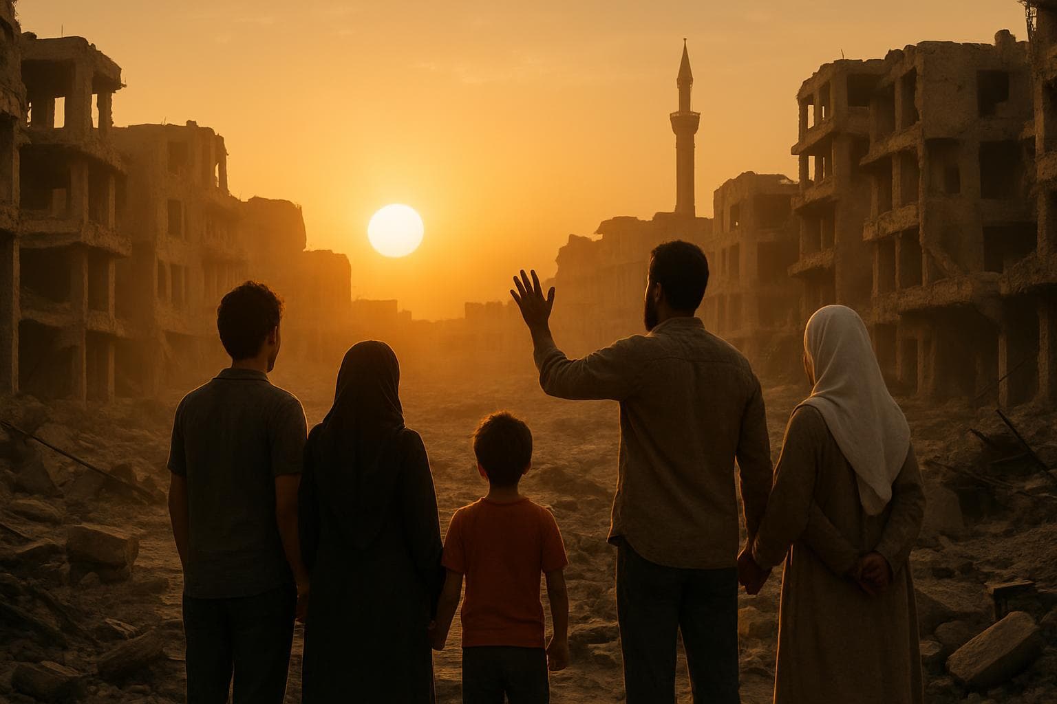 Sunrise over a war-torn Syrian cityscape symbolizing hope