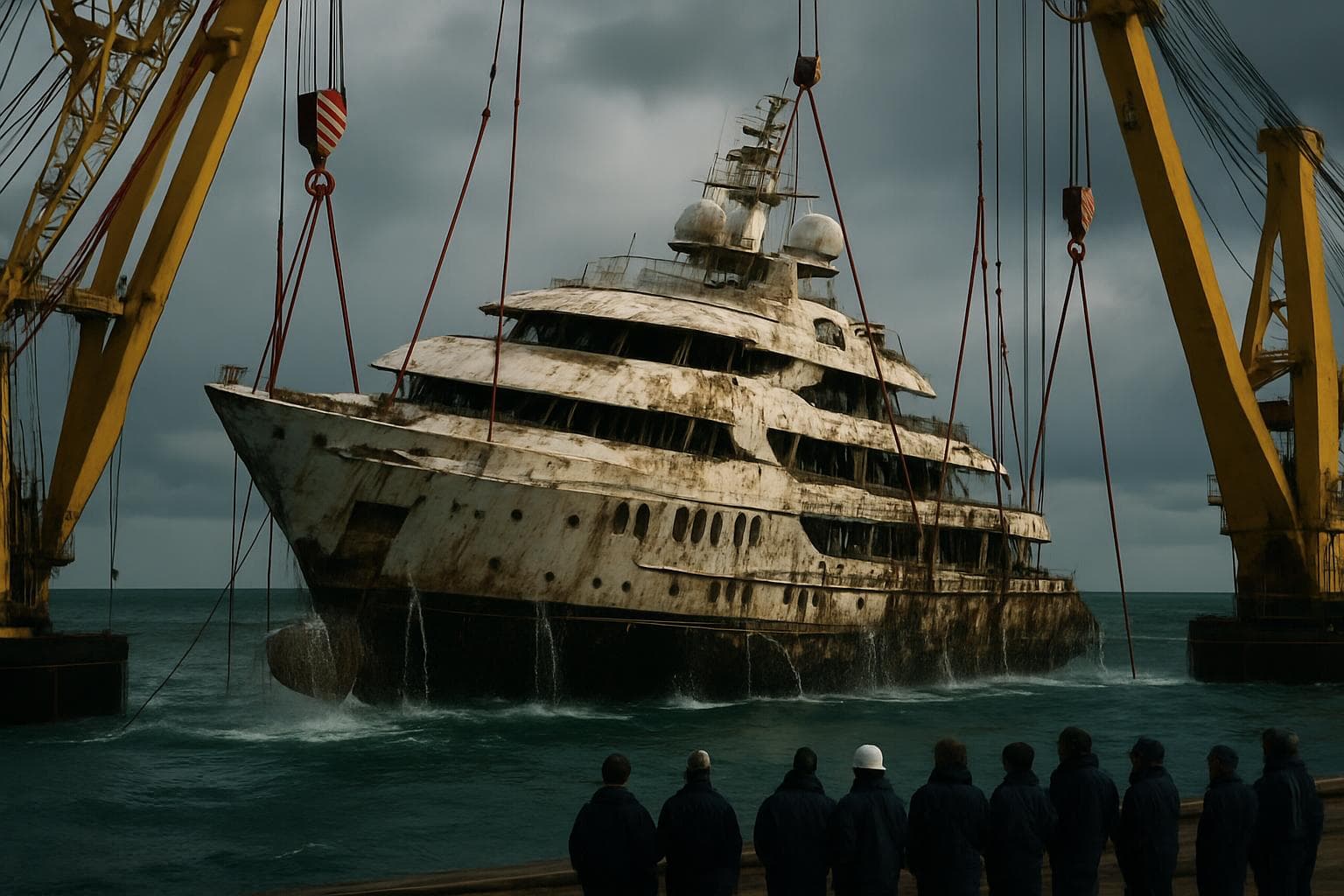 Superyacht being lifted from the Sicilian sea by cranes