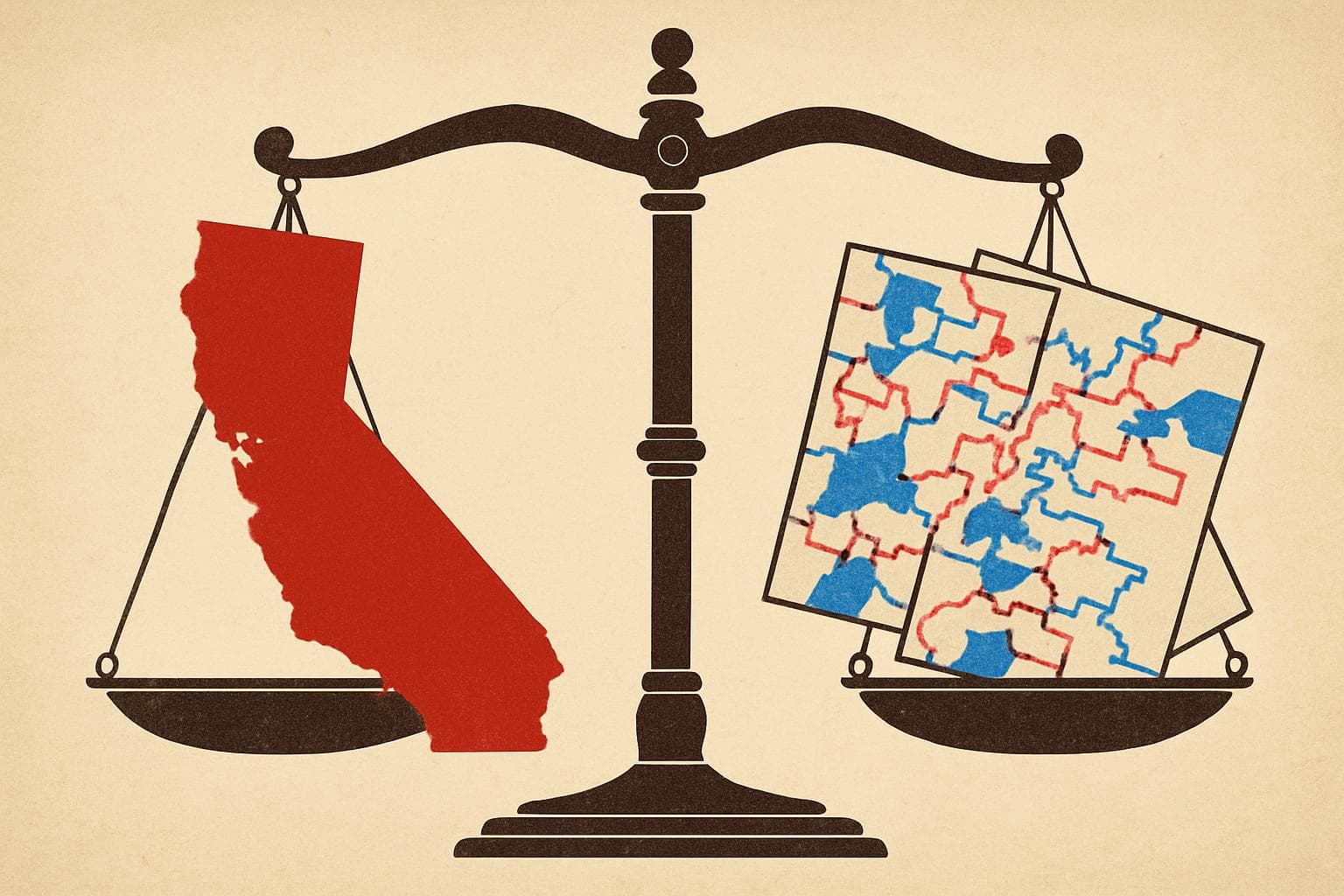 Balanced scale with California and political maps