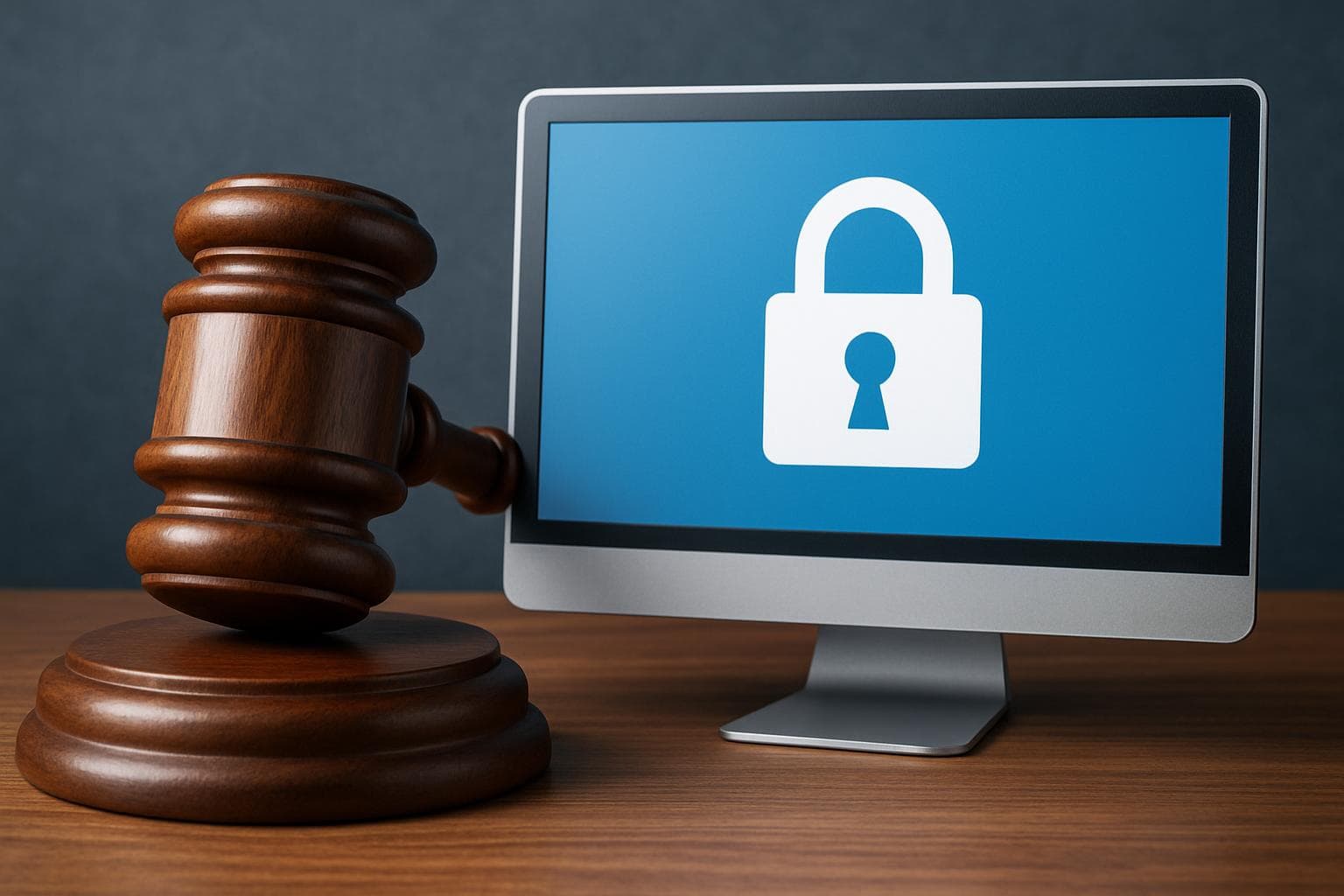 Gavel and computer screen with lock icon representing a legal decision