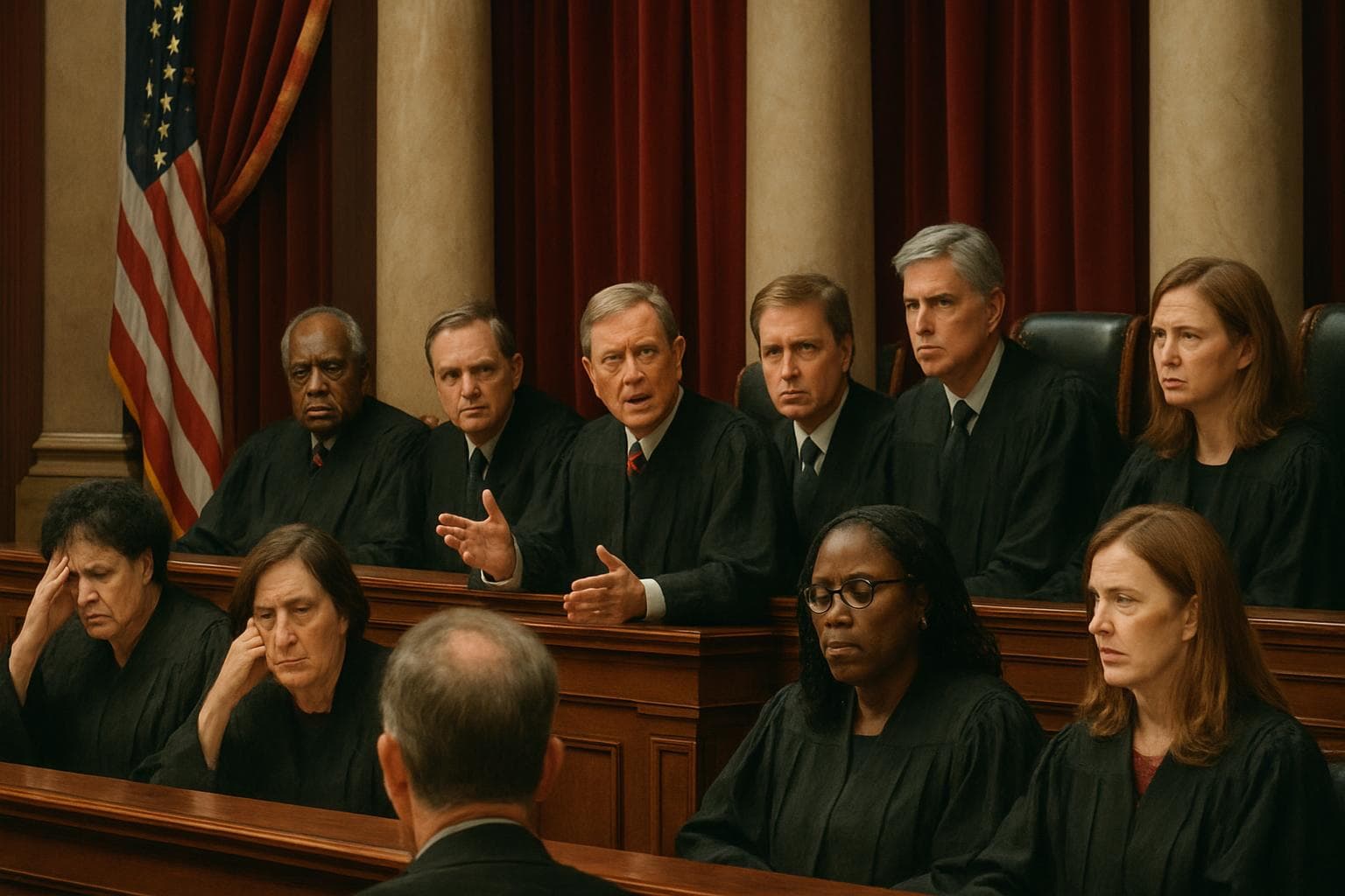 Supreme Court justices deliberating in a courtroom