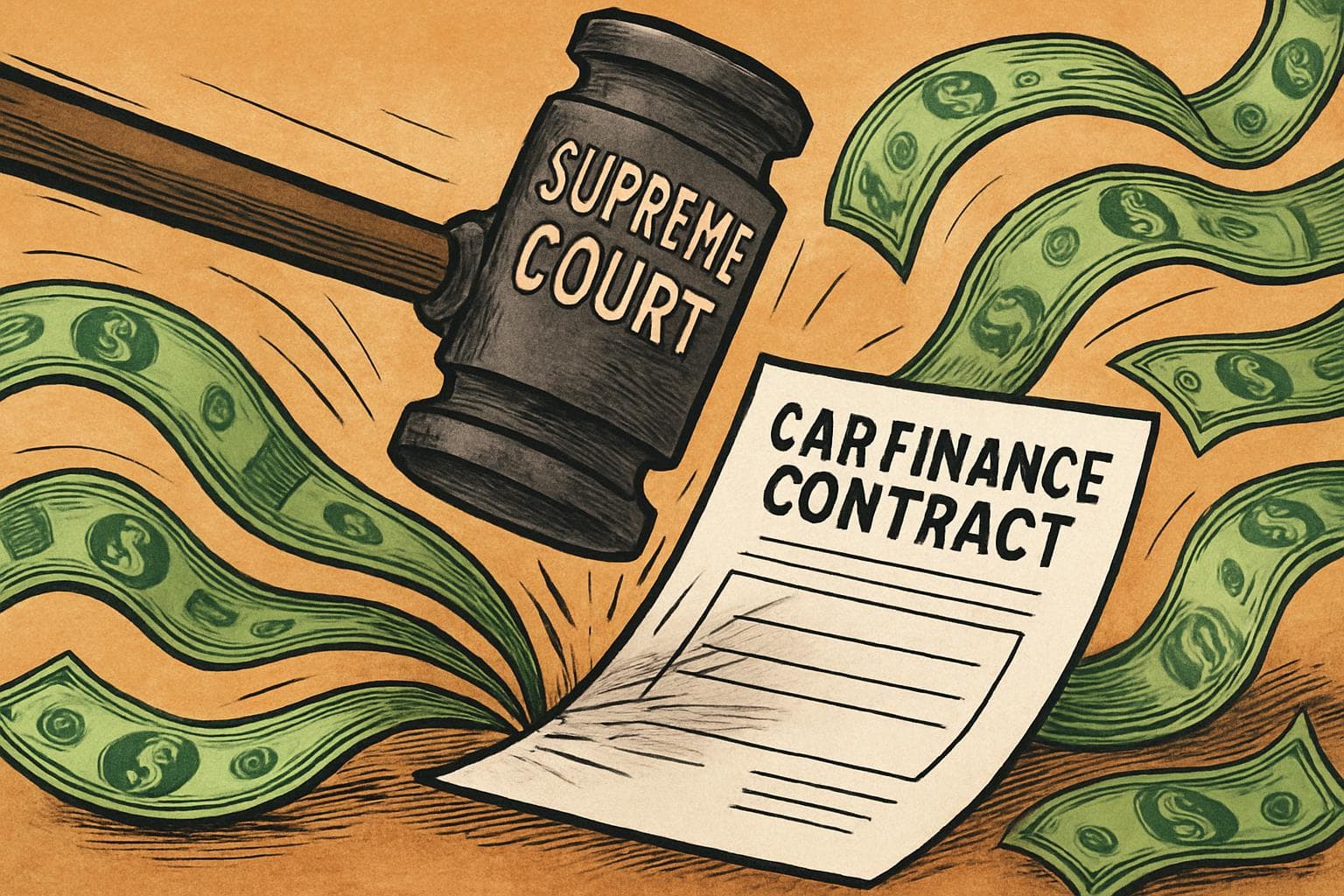 Hammer striking car finance contract with money streams