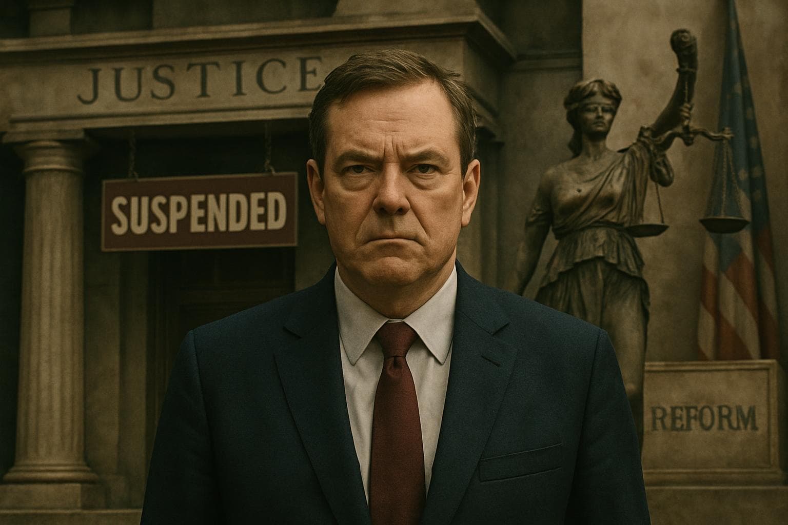 Suspended government official with justice-themed backdrop