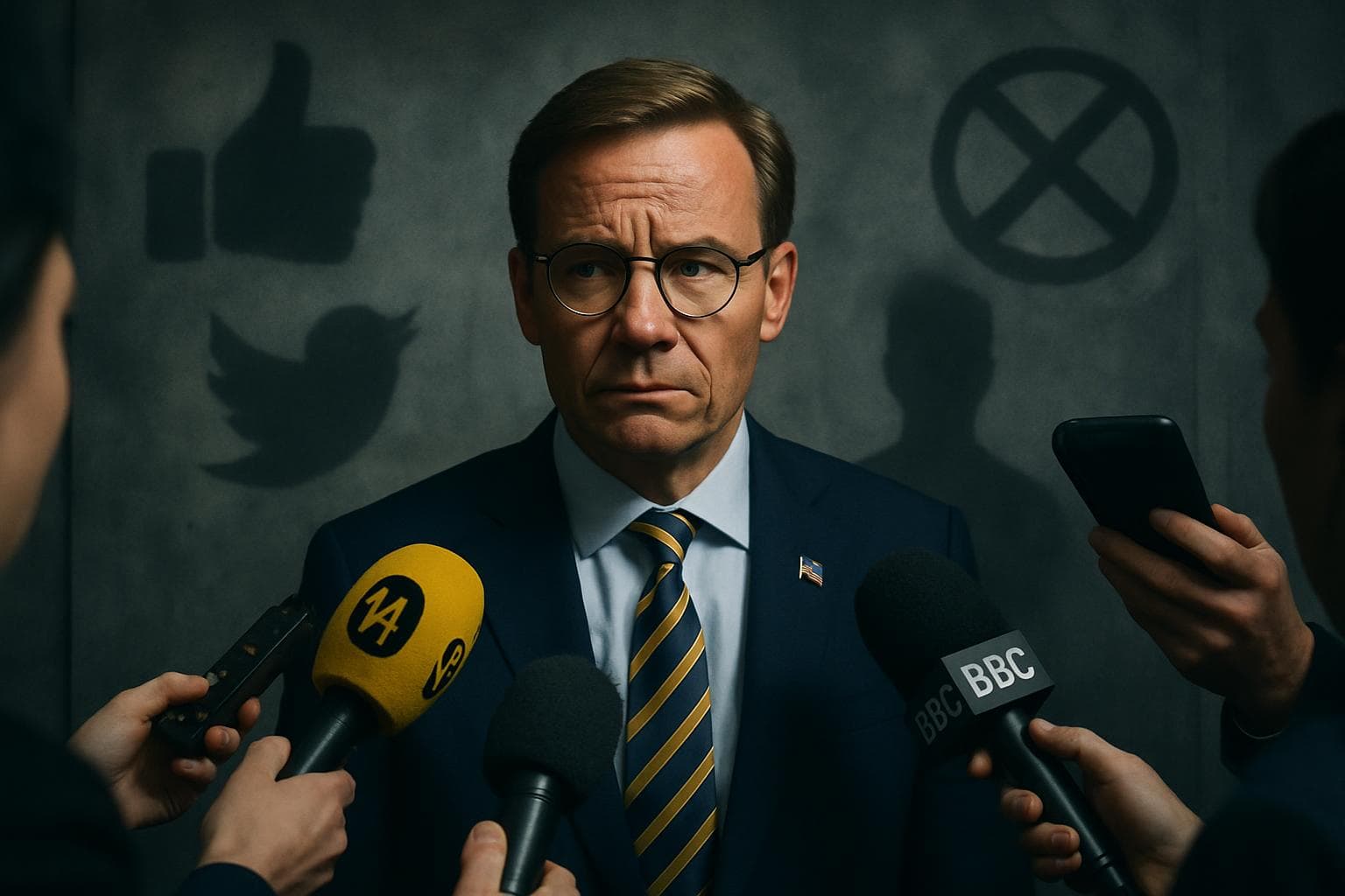 Swedish politician surrounded by media with social media shadows