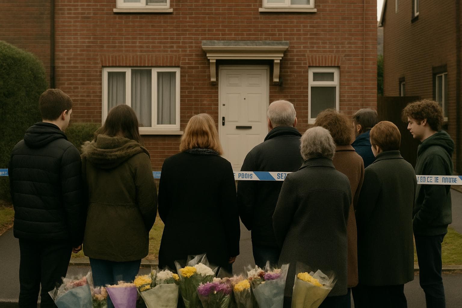 Community gathered outside house with police tape and flowers