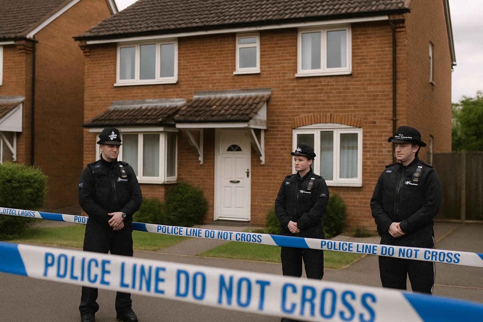 Suburban house in Swindon with police tape and officers