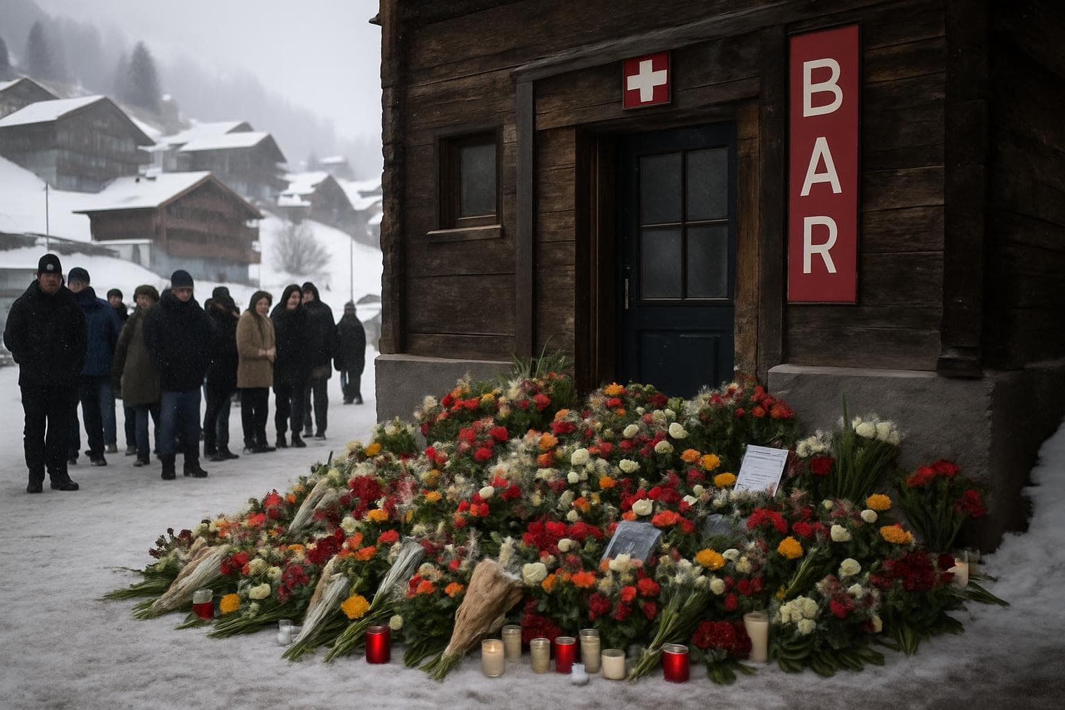 Memorial with flowers outside a Swiss bar in a snowy resort