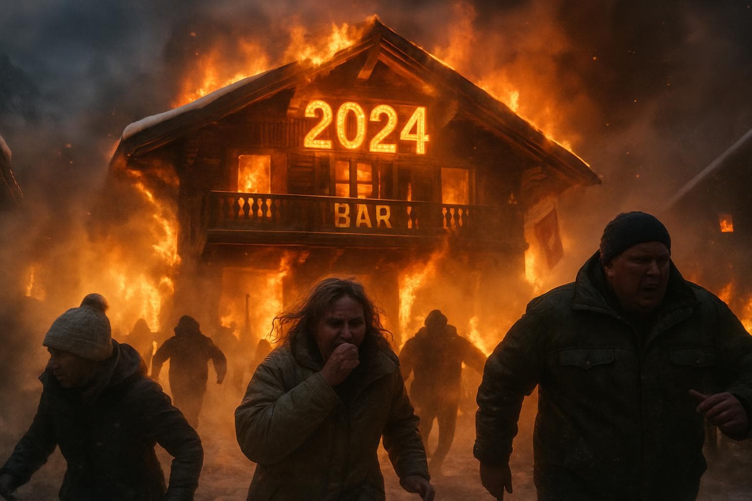 Survivors escaping a fire at a Swiss ski resort bar