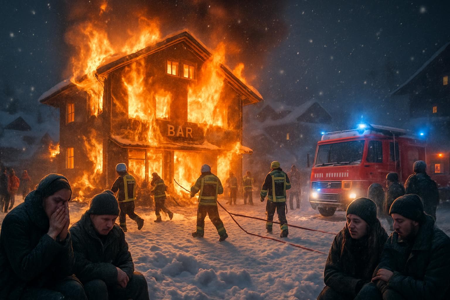Fire at a Swiss ski resort bar with responders in snow