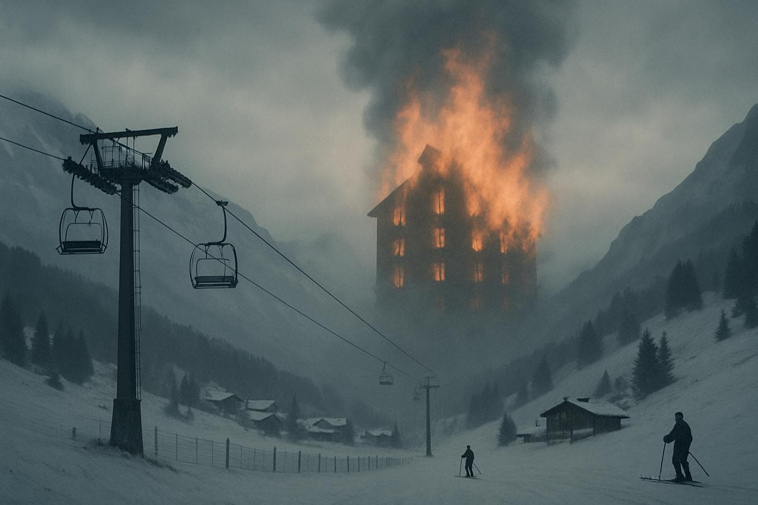 Mountain scene with ghostly silhouette of burning building