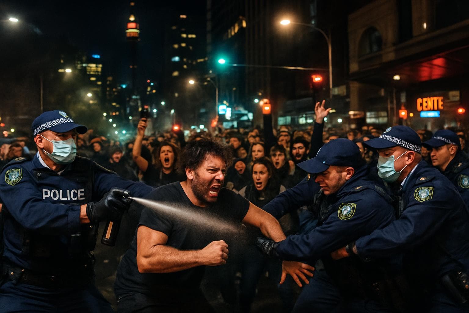 Police clashing with demonstrators during a night protest in Sydney