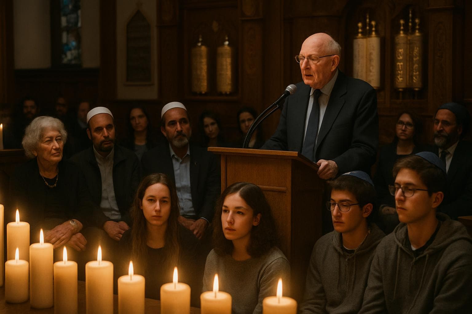 People gathered in a synagogue with candles and speakers
