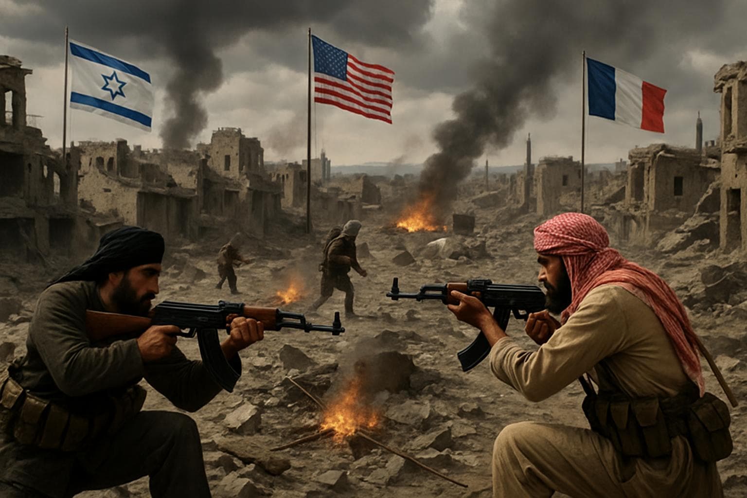 Devastated Syrian landscape with Druze and Bedouin fighters