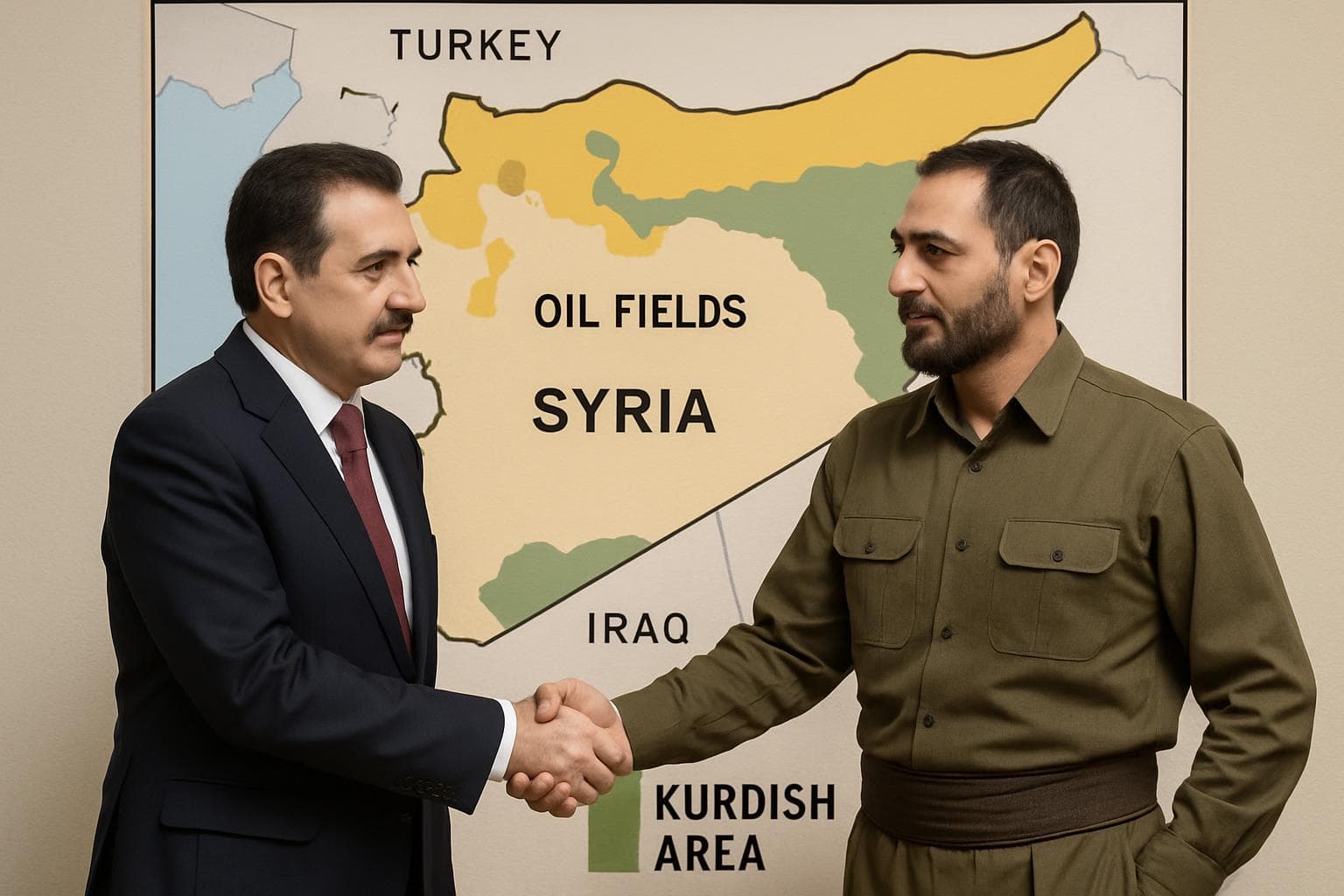 Syrian and Kurdish representatives shaking hands in front of Syria map