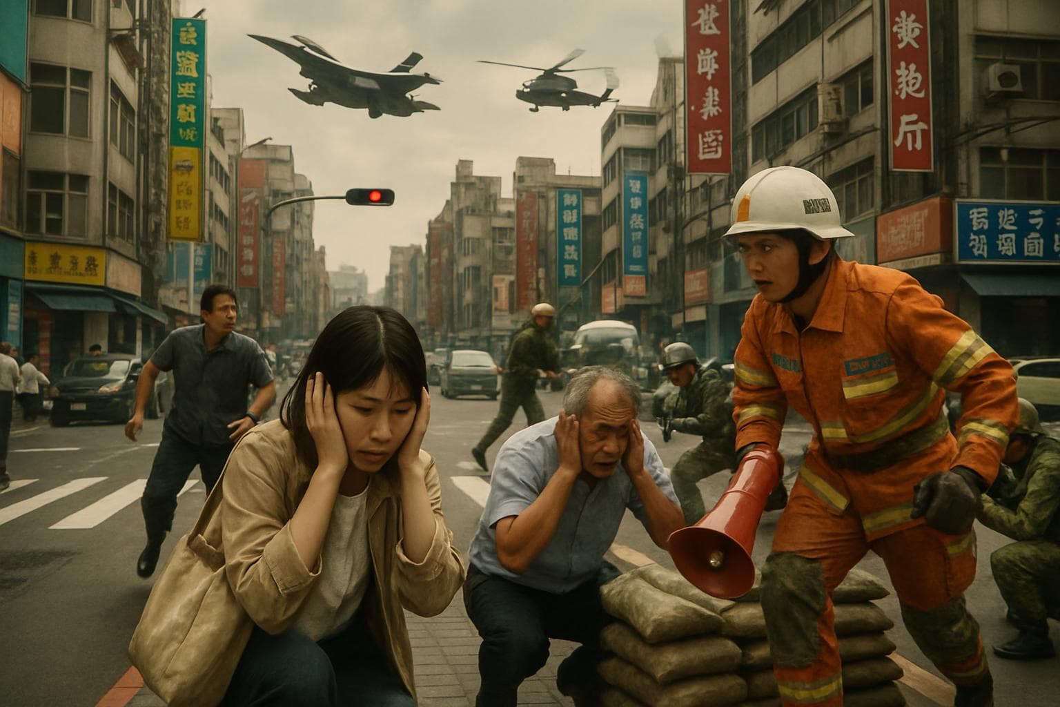 Taiwanese city with people seeking shelter during air raid drill