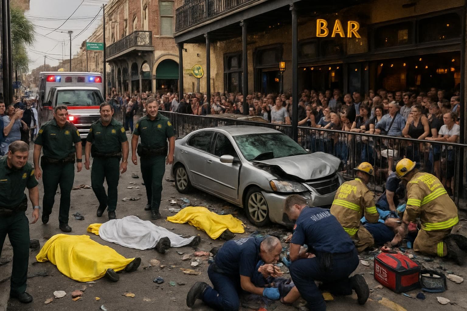 Emergency responders at car crash scene in Ybor City, Tampa