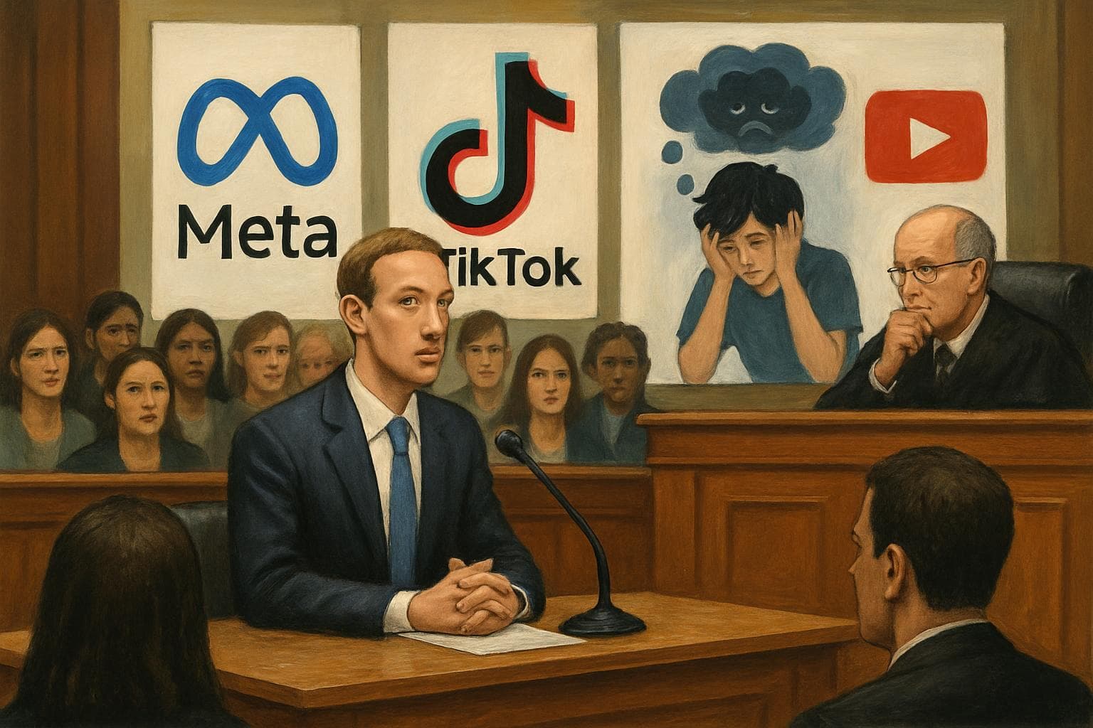 Tech CEOs in courtroom discussing social media addiction