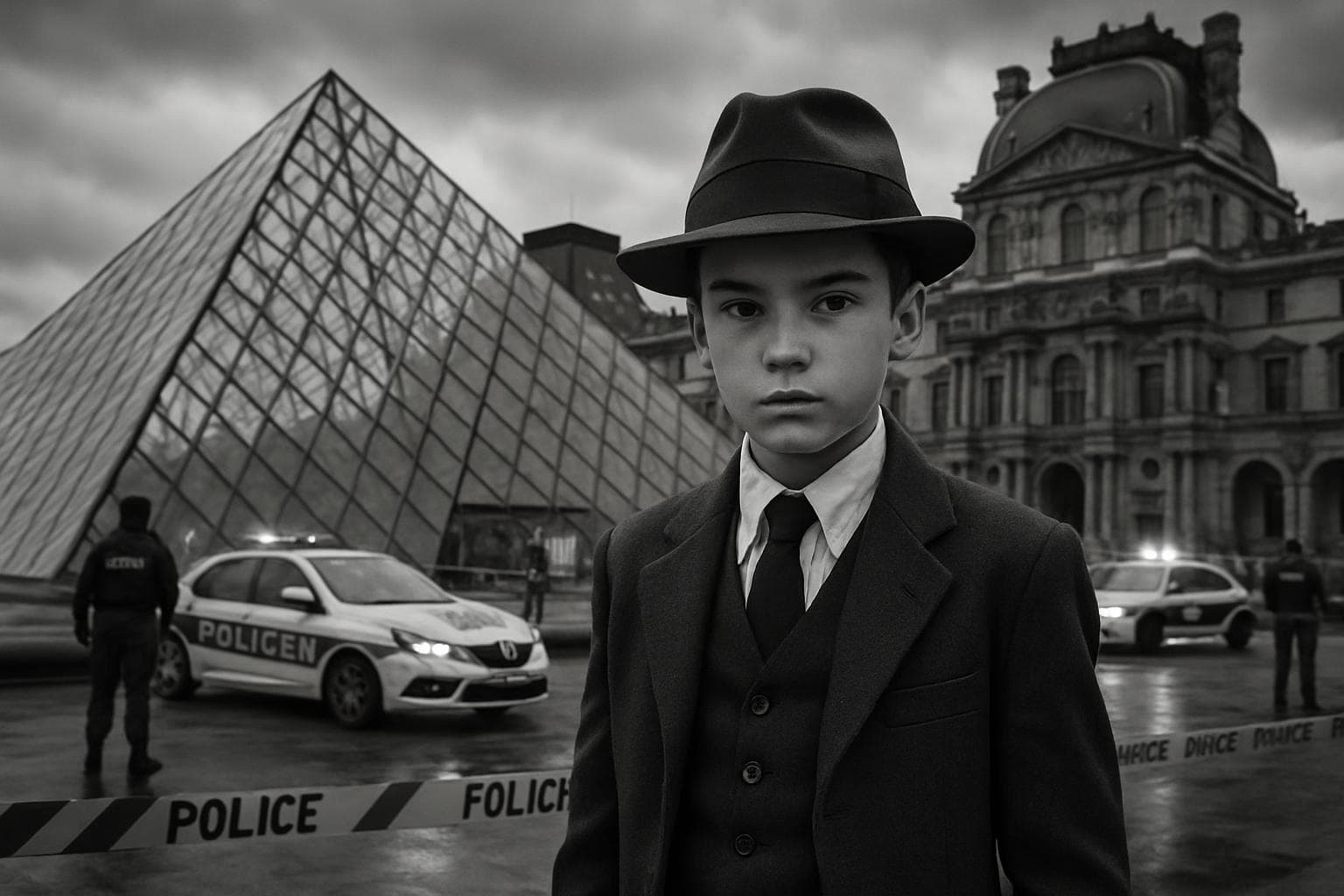 Teen in a suit and fedora at the Louvre