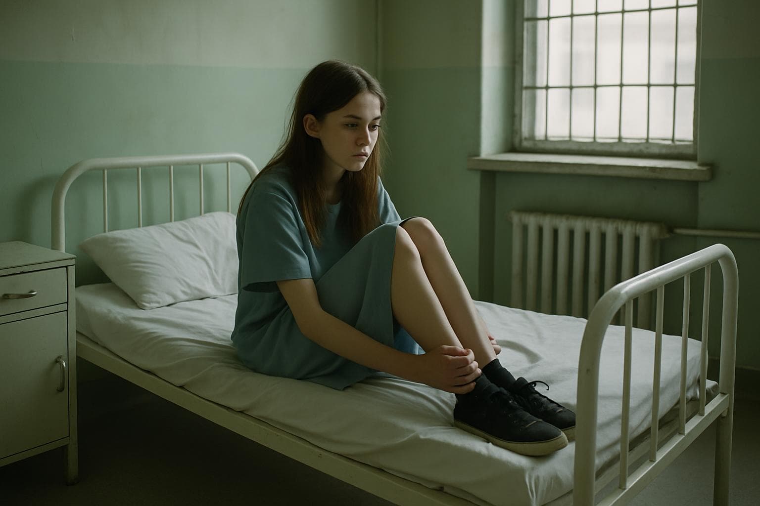 Teenage girl alone in a psychiatric hospital room