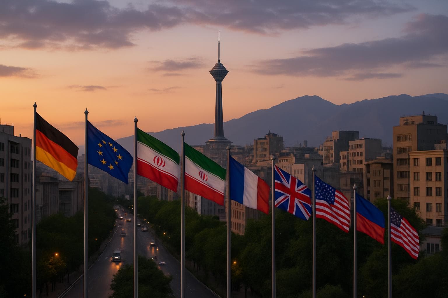 Tehran cityscape at dusk with international flags