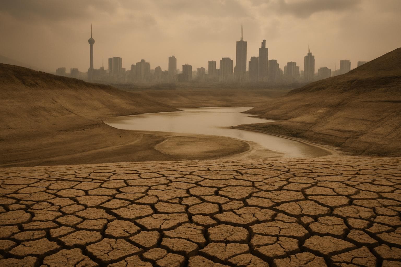 Parched landscape with city skyline and dry reservoirs