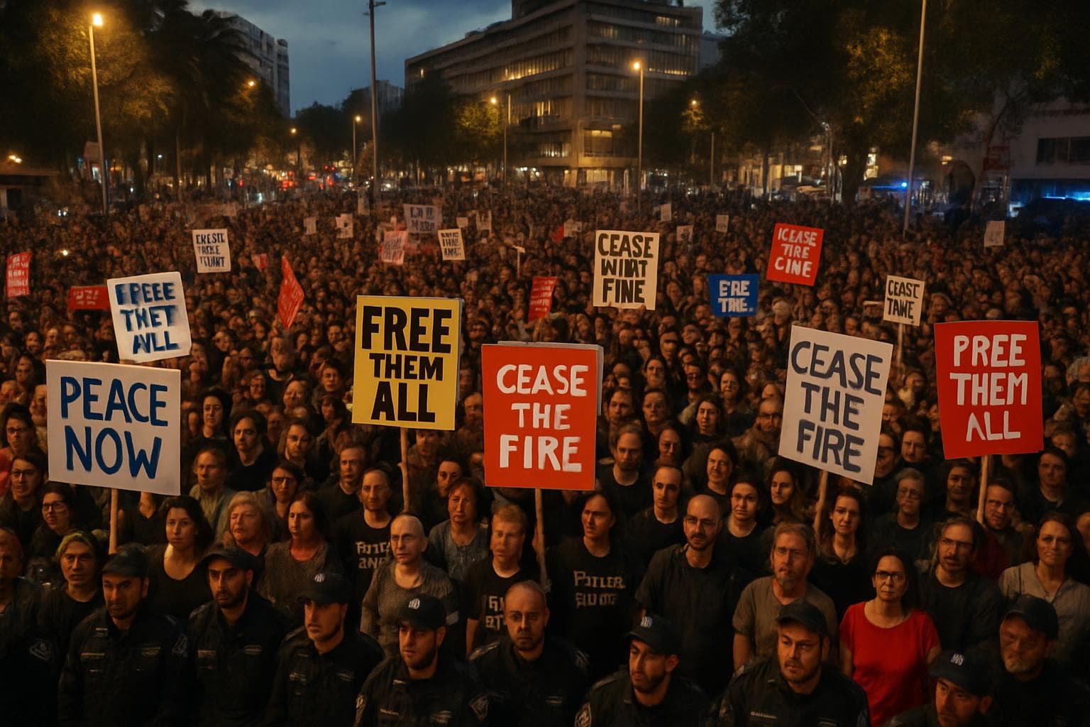Protesters in Tel Aviv's Hostages Square with signs