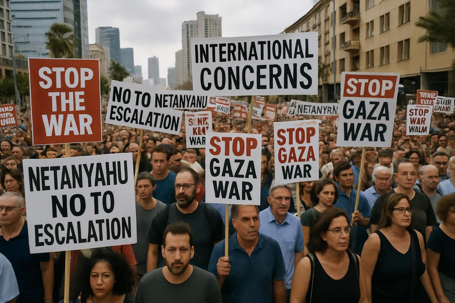 Crowds protesting in Tel Aviv holding placards and banners