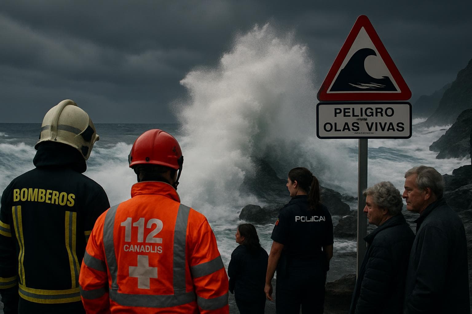Turbulent waves on Tenerife coastline with emergency responders