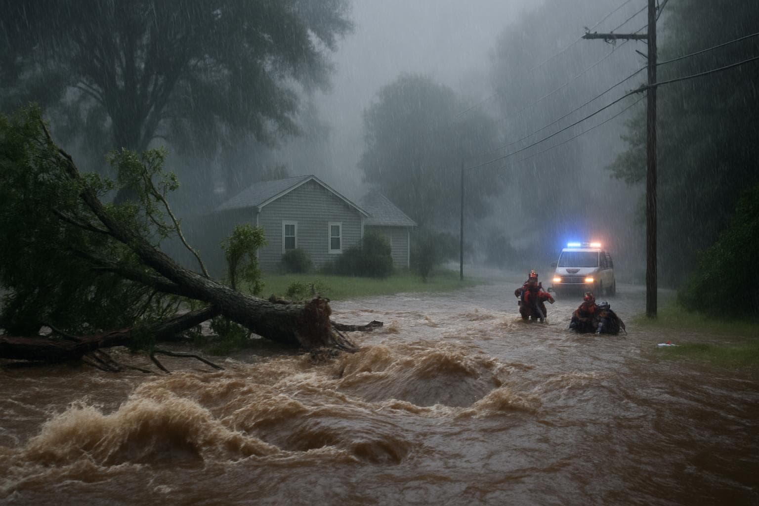 Flash flooding in Tennessee with toppled trees and rescue operations