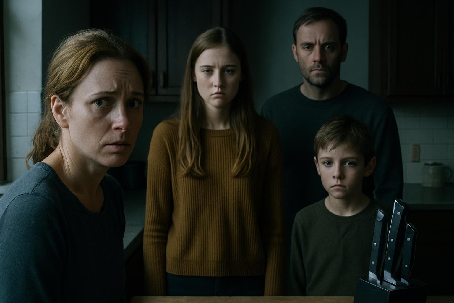 Worried family faces with hidden kitchen knives in a home