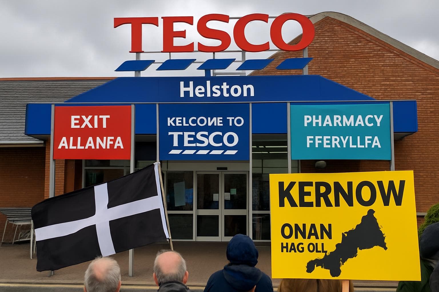 Tesco store in Helston with Welsh signs