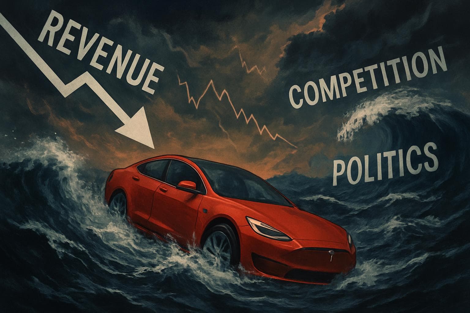 Sinking Tesla vehicle surrounded by stormy market waves