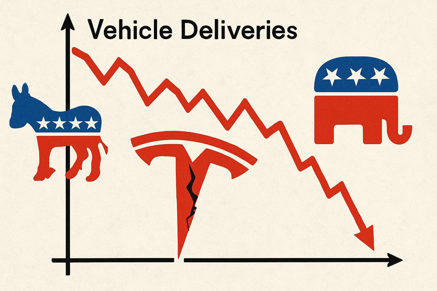 Graph depicting Tesla's sales decline with broken logo and political symbols