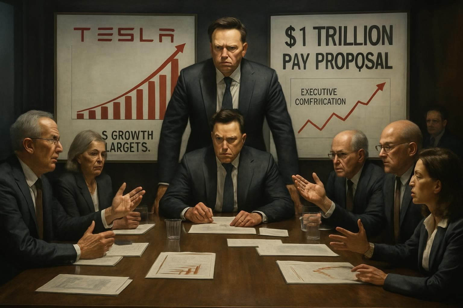 Tesla shareholders in boardroom discuss Elon Musk's pay proposal