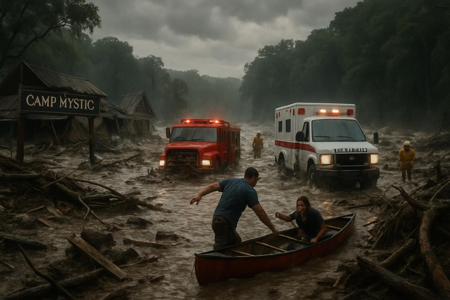 Flooded Camp Mystic in Texas with debris and rescue efforts