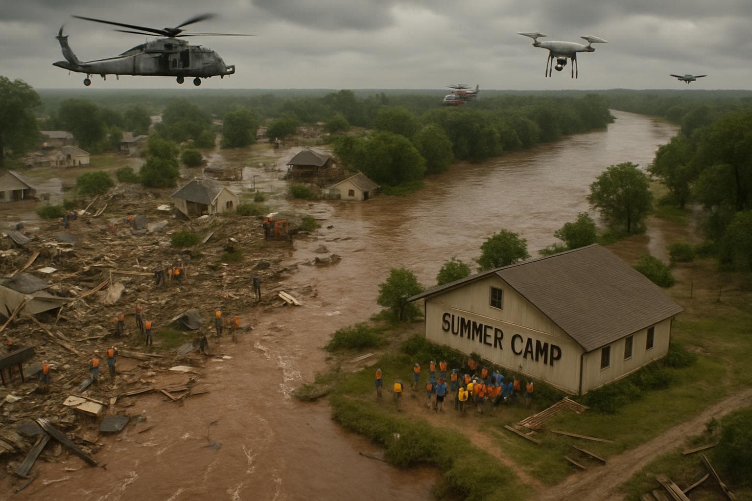 Aerial view of flooded Texas landscape with responders