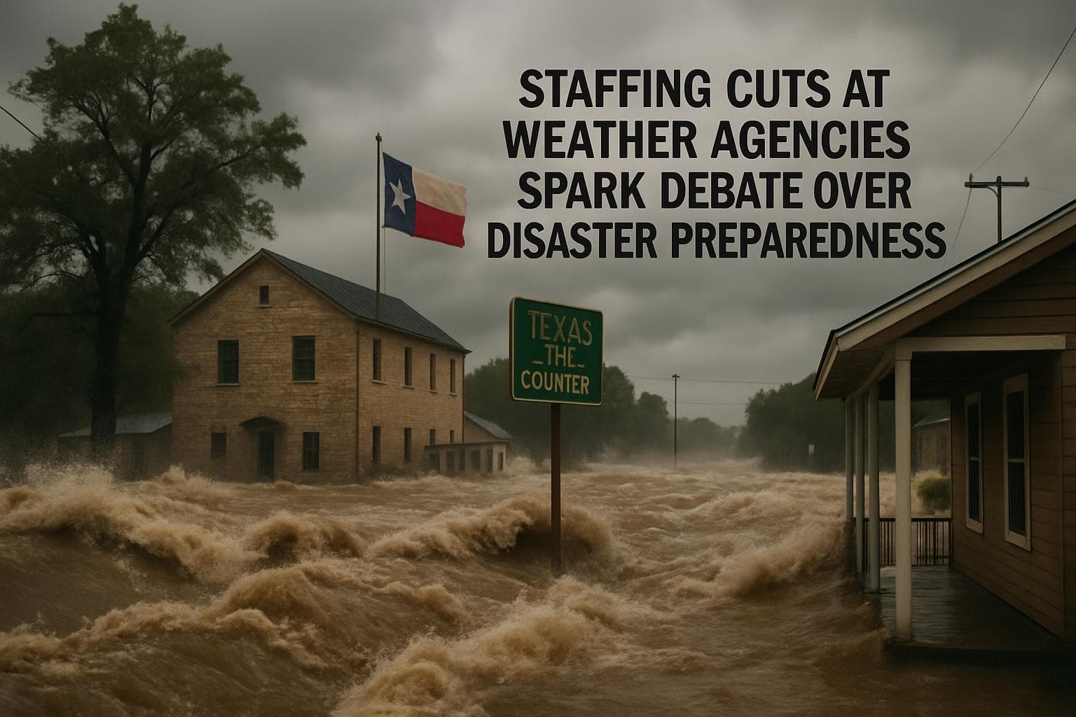 Floodwaters covering Texas Hill Country landscape