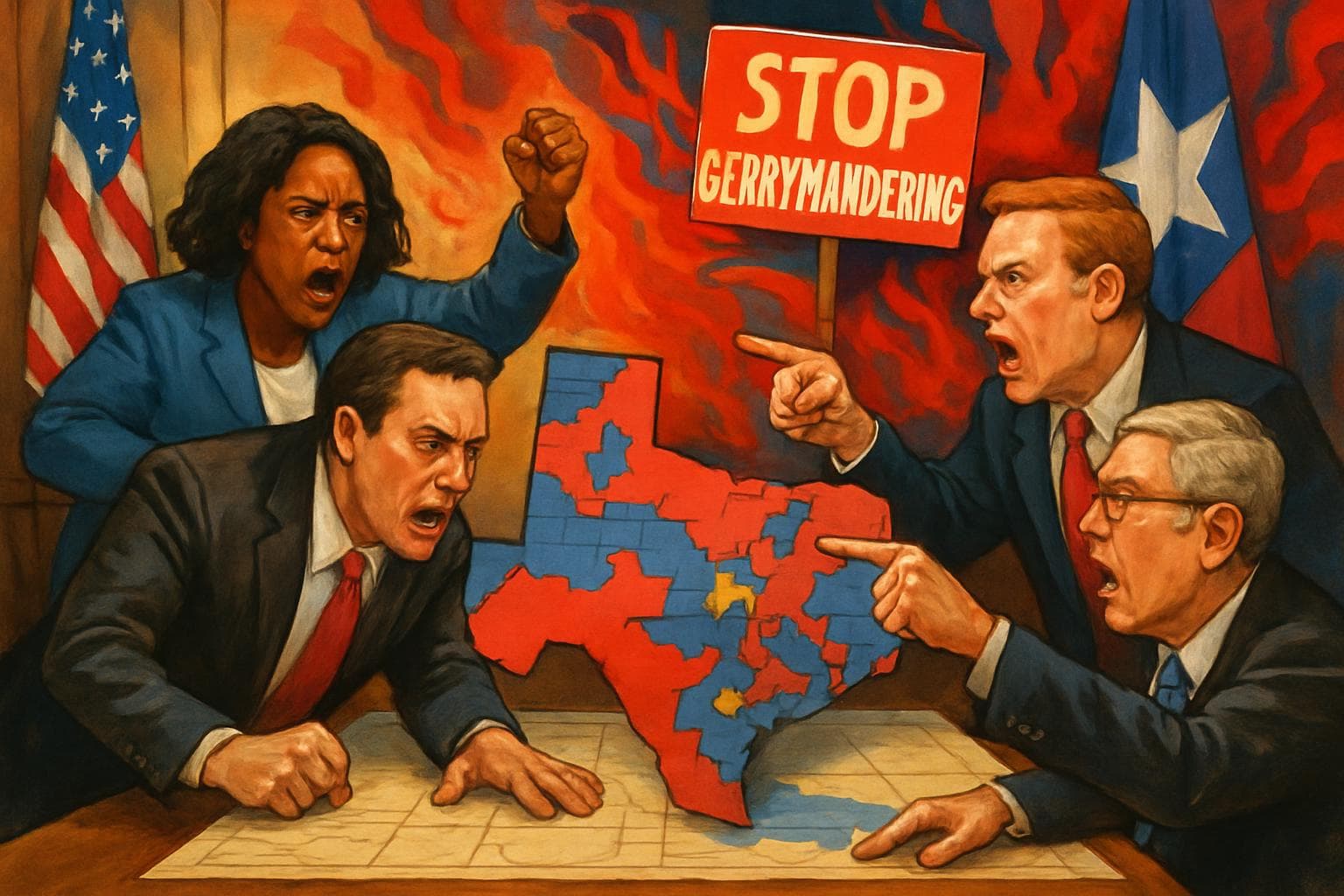 Texas lawmakers debating over a state map with gerrymandering visuals